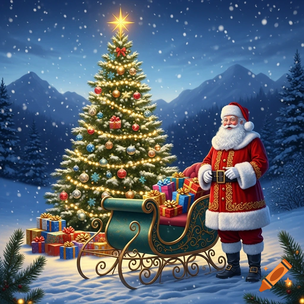 Santa Claus stands beside a brightly lit Christmas tree and a sleigh filled with presents in a snowy mountain landscape.