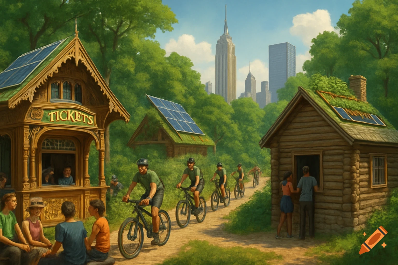 A busy park scene with people cycling and sitting near a ticket booth and wooden cabins with solar panels, with city skyscrapers in the background.