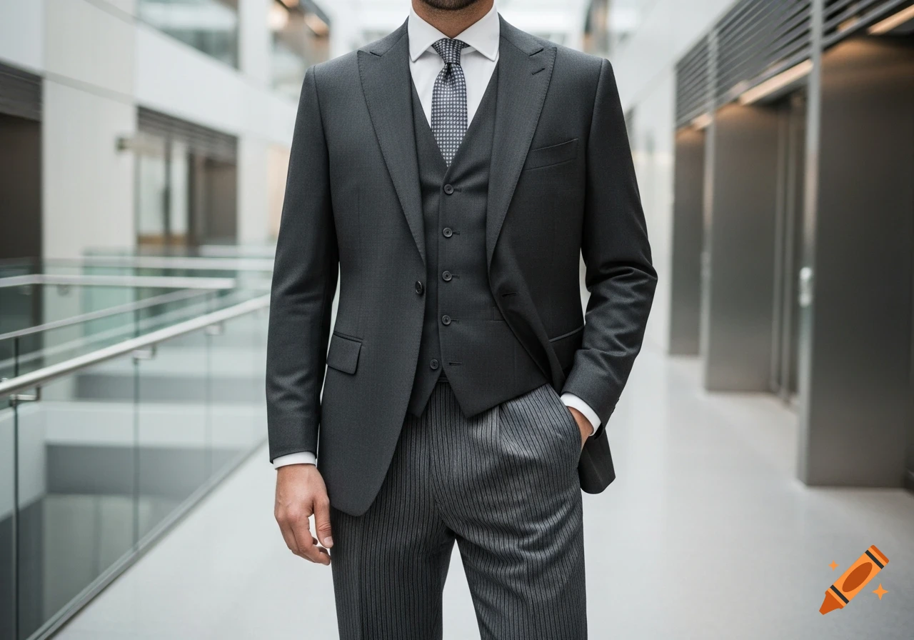 A man in a dark grey three-piece suit stands in a modern office hallway, one hand in his pocket. Photorealistic.