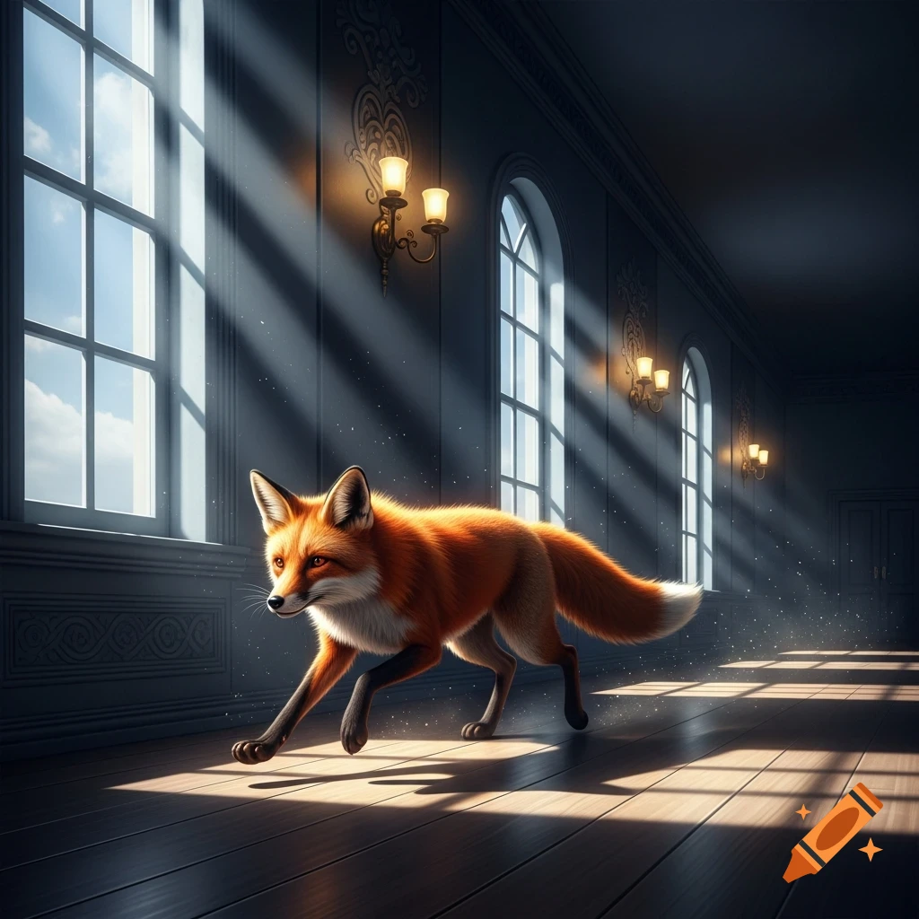 A vibrant red fox runs across a polished wooden floor in a grand hall, bathed in sunlight from tall windows.