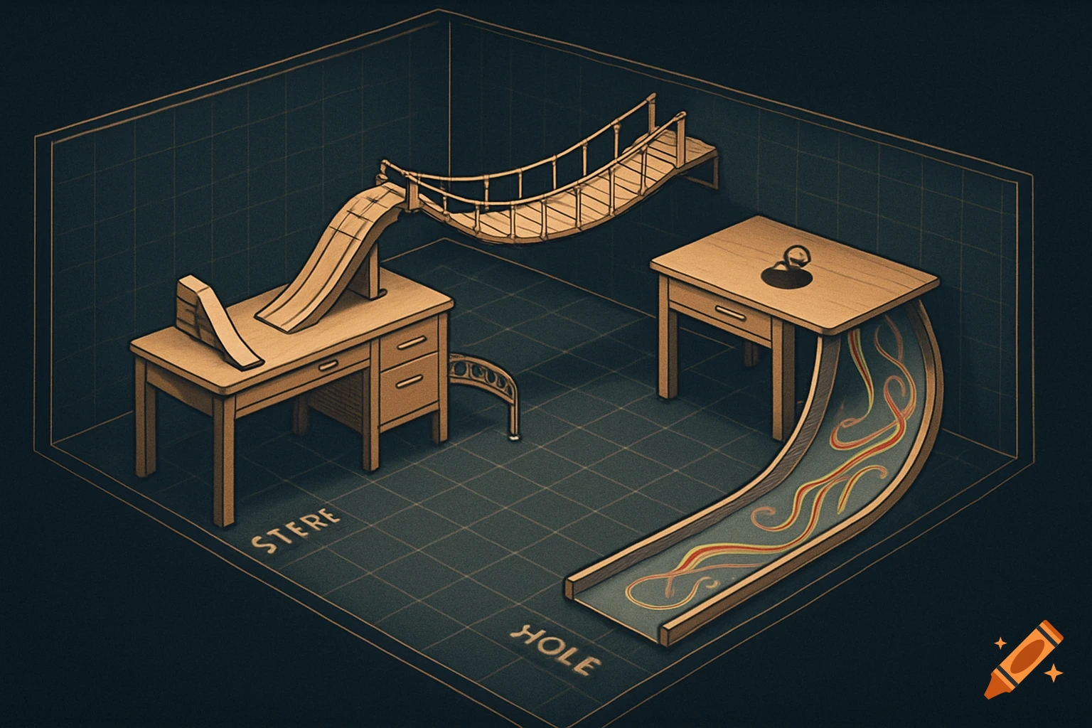 Isometric illustration of a mini-golf course layout with desks, ramps, a bridge, and a slide in a gridded room.