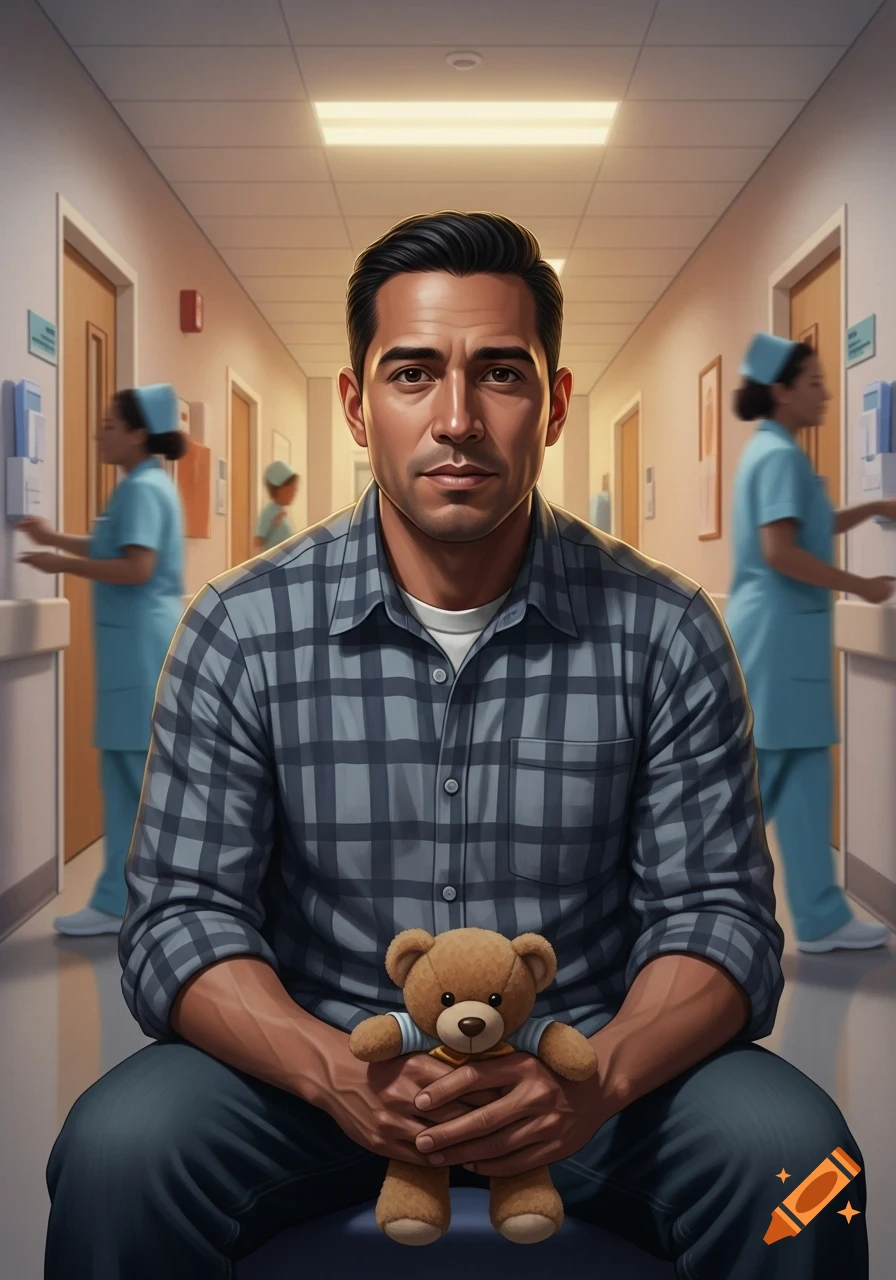 A man holding a teddy bear sits in a hospital hallway, with nurses in the background, in a photorealistic style.