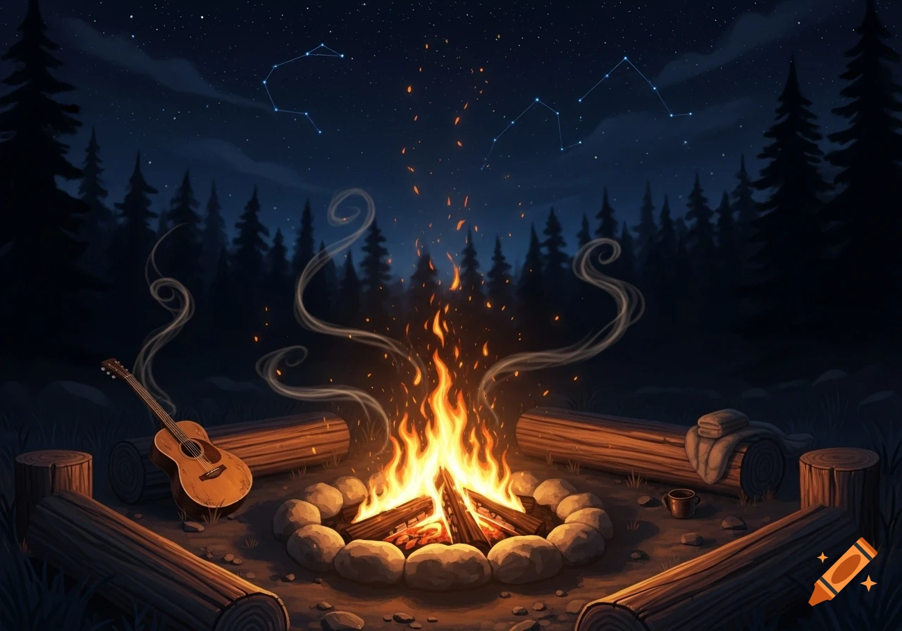 A stylized campfire burns brightly in a dark forest clearing at night, surrounded by logs and a guitar, with constellations above.