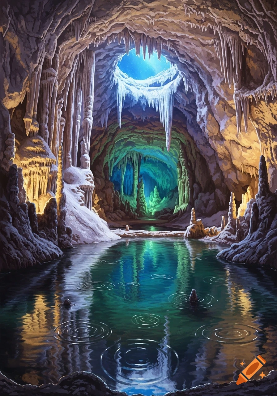 A vibrant fantasy illustration of a large cave with glowing stalactites, a tranquil turquoise lake reflecting light from an overhead opening.