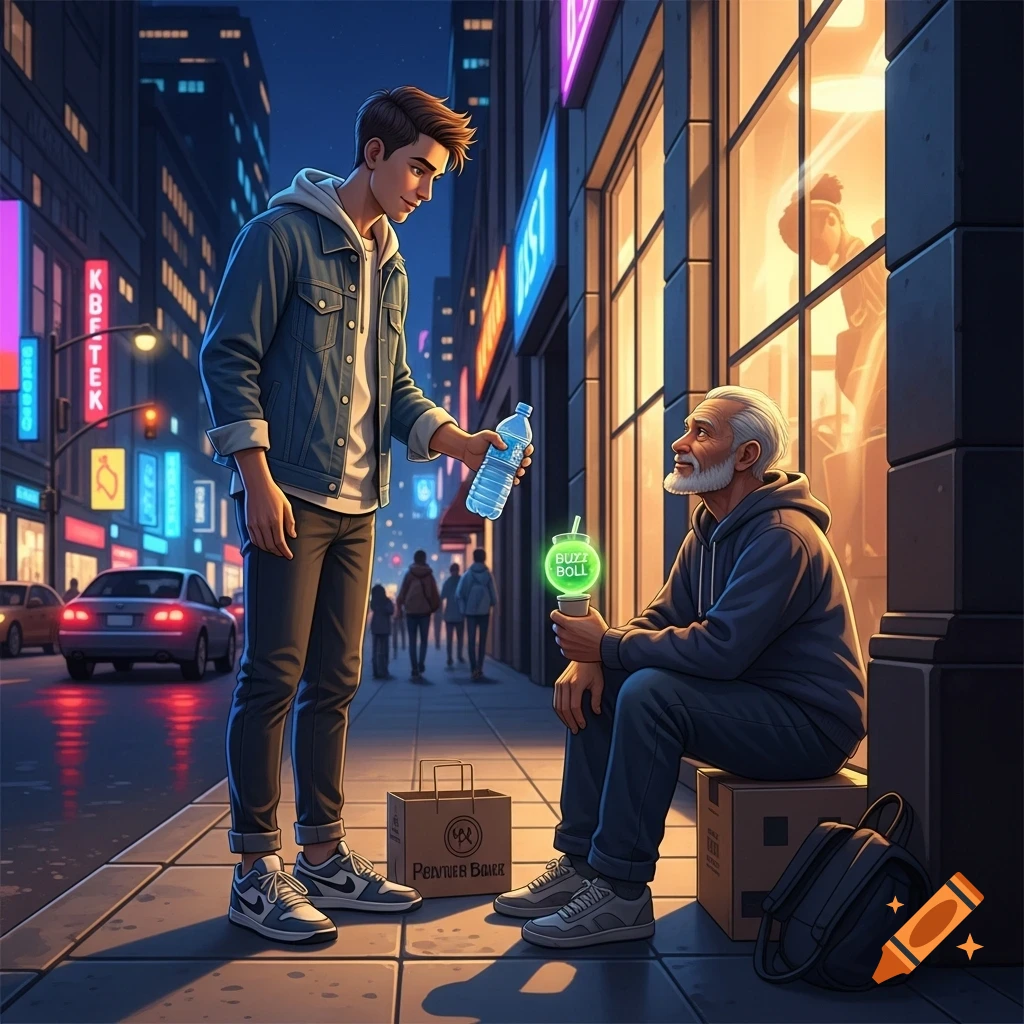 A young man offers a water bottle to an older, bearded man sitting on a box on a city sidewalk at night, with neon signs glowing in the background. The older man holds a glowing green cup labeled "BUZZ BOLL".