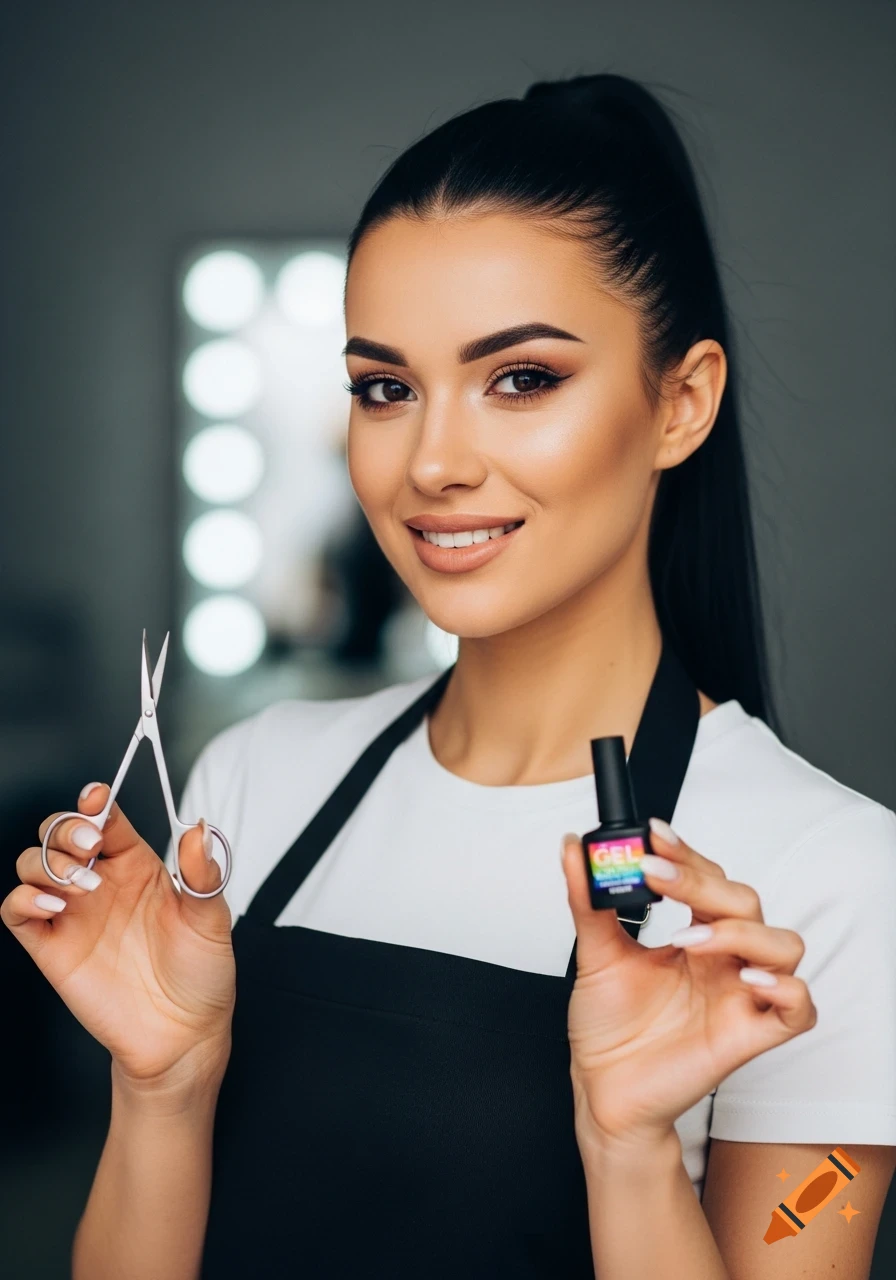 Photorealistic close-up of a smiling female nail artist in a black apron holding manicure scissors and a gel polish bottle.