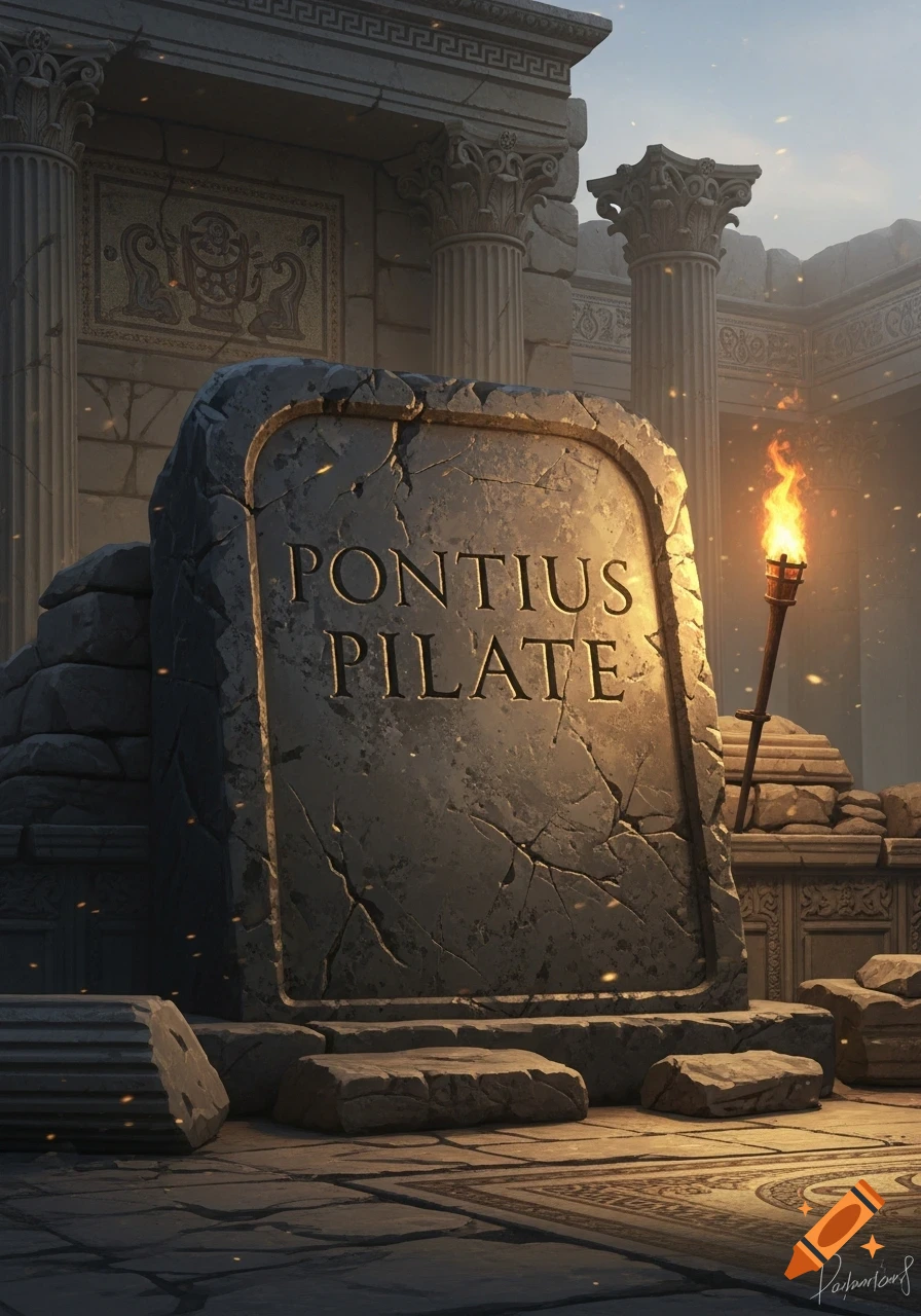 An ancient stone tablet inscribed with "PONTIUS PILATE" stands in weathered ruins, illuminated by a torch.