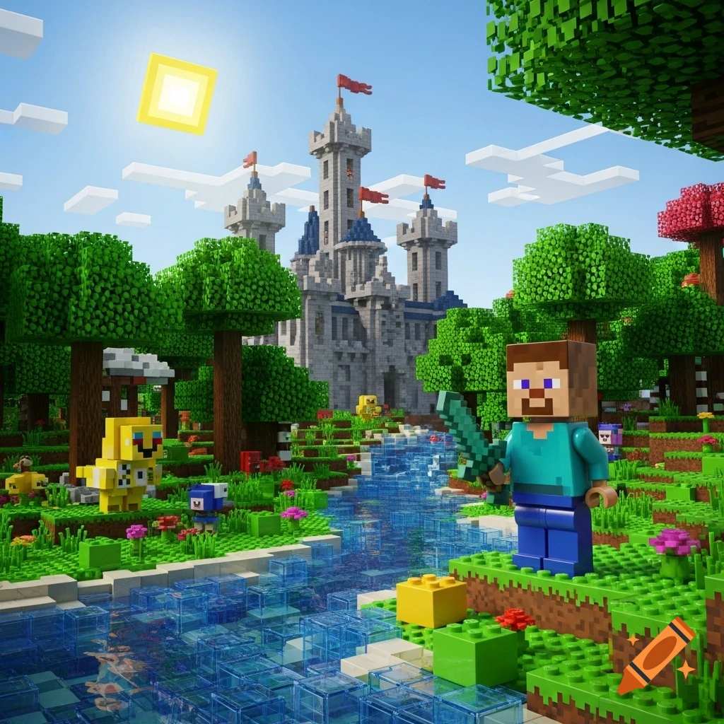 Lego Minecraft scene with Steve holding a sword, a castle in the background, a clear river, and green trees.