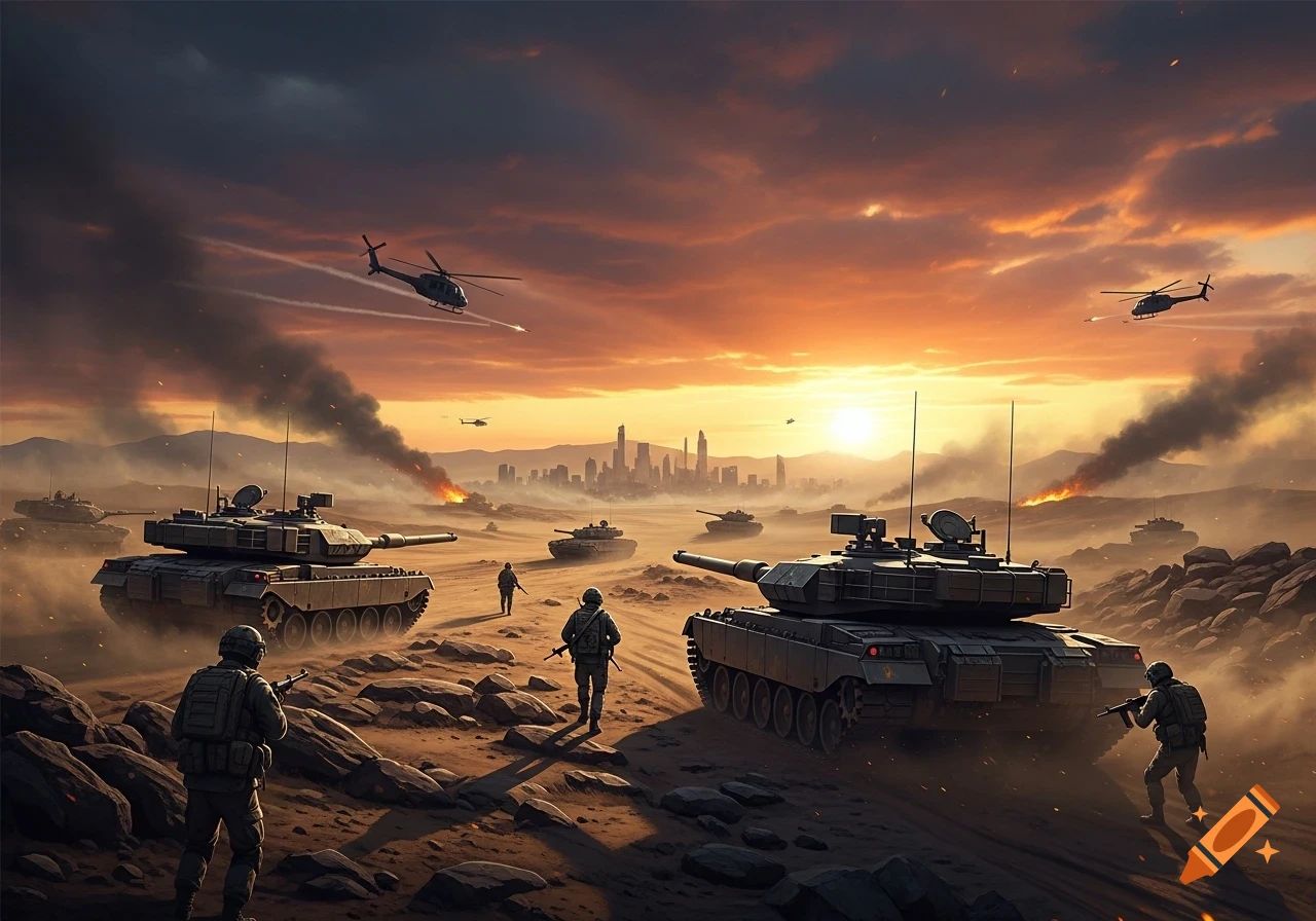 Military tanks and soldiers in a desert with helicopters, explosions, and a city skyline under a fiery sunset.