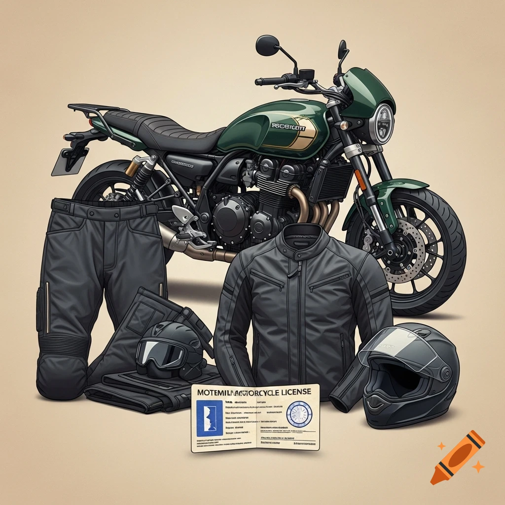 A green and gold motorcycle, black riding jacket, pants, and helmet, with a motorcycle license card on a light background.
