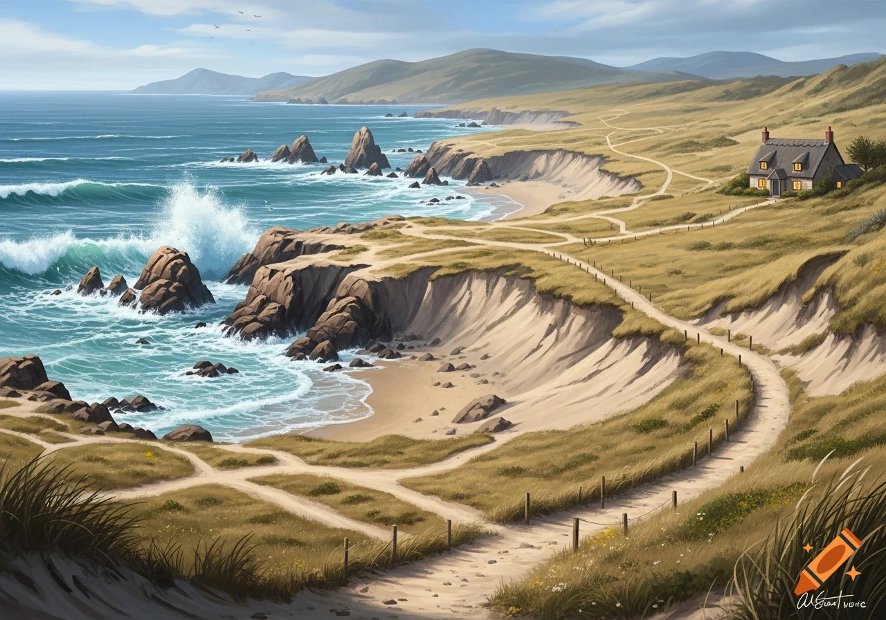 A picturesque coastal landscape featuring a sandy beach, crashing waves against rocky outcrops, rolling grassy hills, and a small house nestled in the distance, under a partly cloudy sky.
