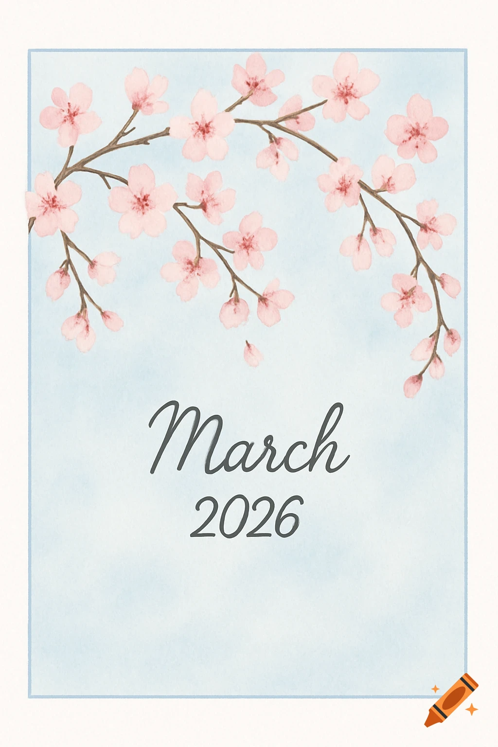 Watercolor calendar cover for March 2026 with pink cherry blossoms on branches and a light blue background.