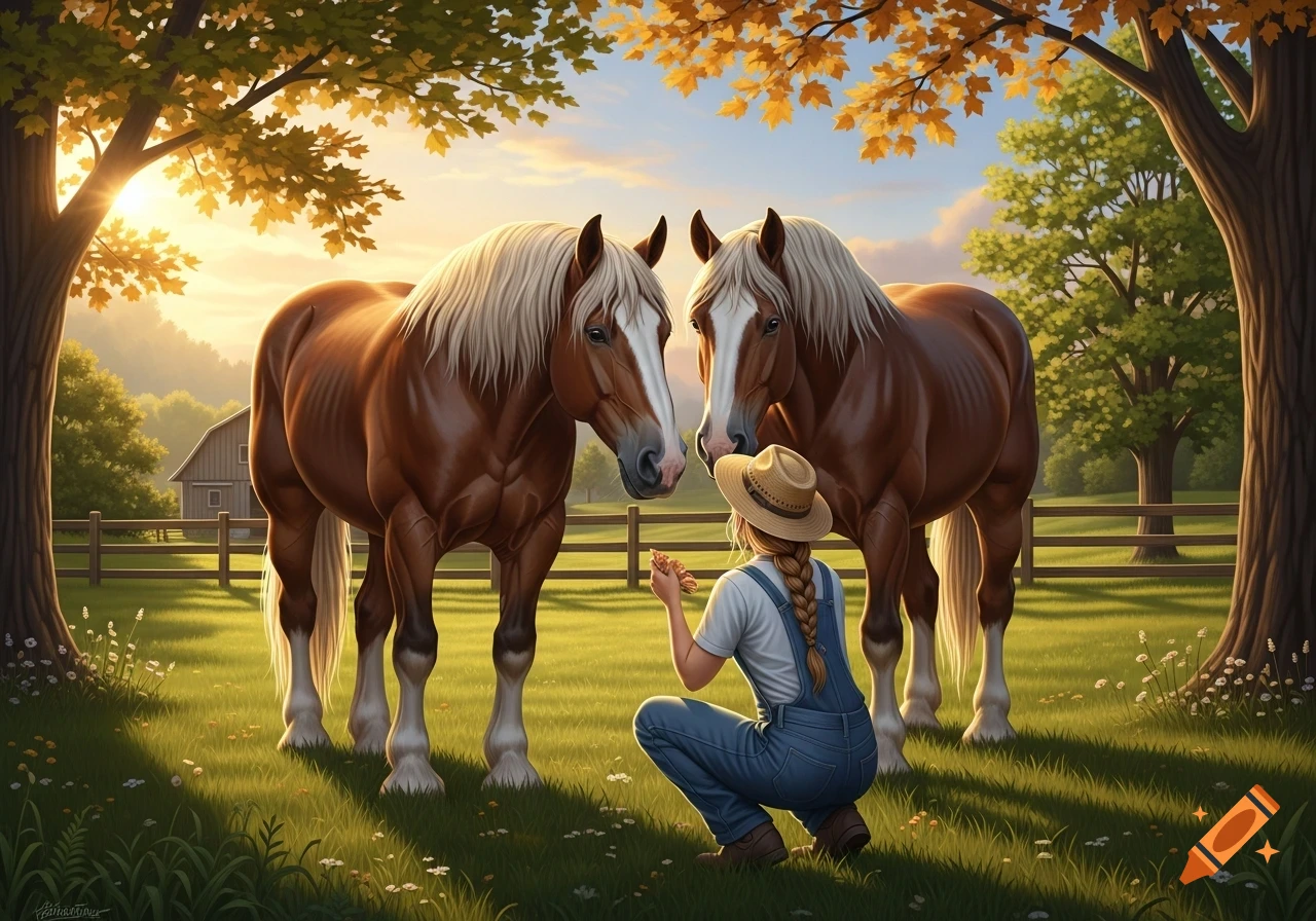 A person in overalls kneels to feed two large brown horses in a sunny field with trees and a barn.