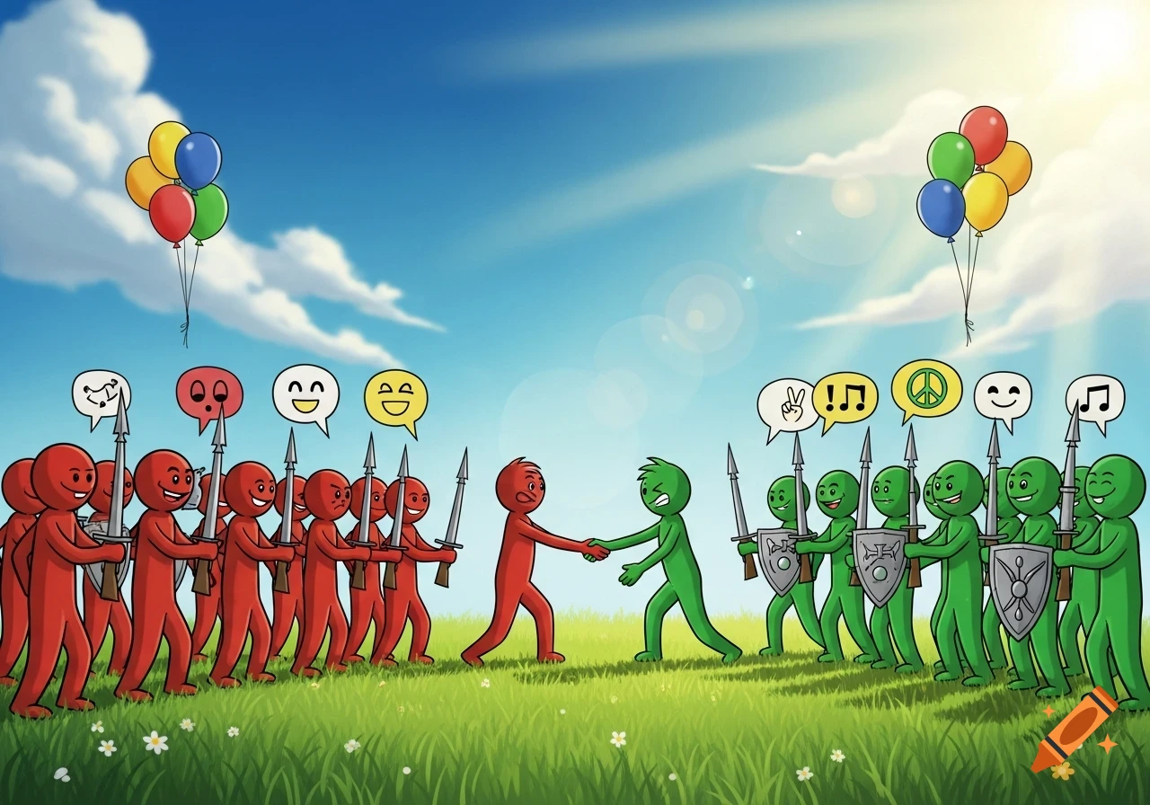 Cartoon of a red stickman army and a green stickman army shaking hands in a grassy field with balloons and speech bubbles.