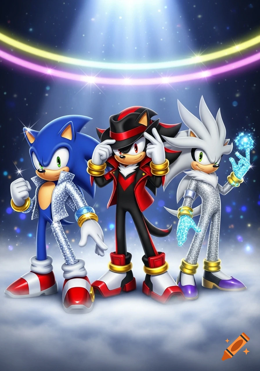 Sonic, Shadow, and Silver the Hedgehog dressed in sparkly Michael Jackson-style outfits, posing under stage lights.