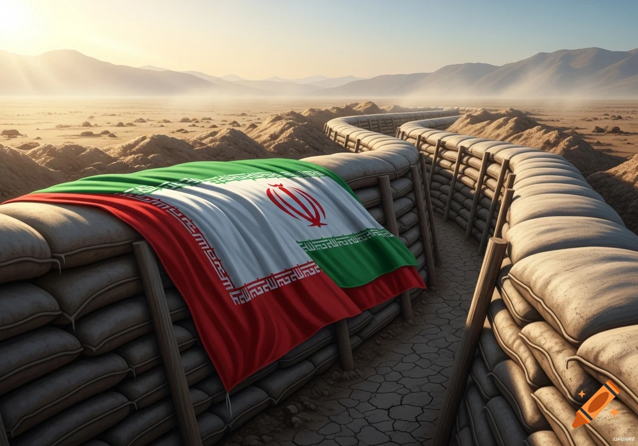 An Iranian flag draped over sandbags in a winding desert trench under a sunny sky.