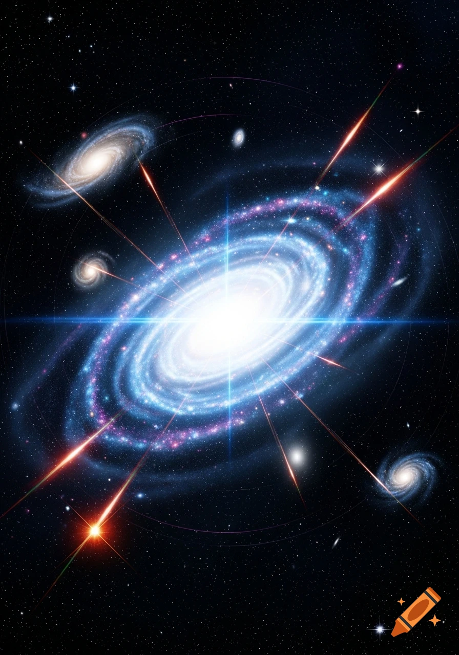 A bright central quasar with swirling blue and purple arms, surrounded by smaller galaxies and light streaks in a dark, star-filled space.