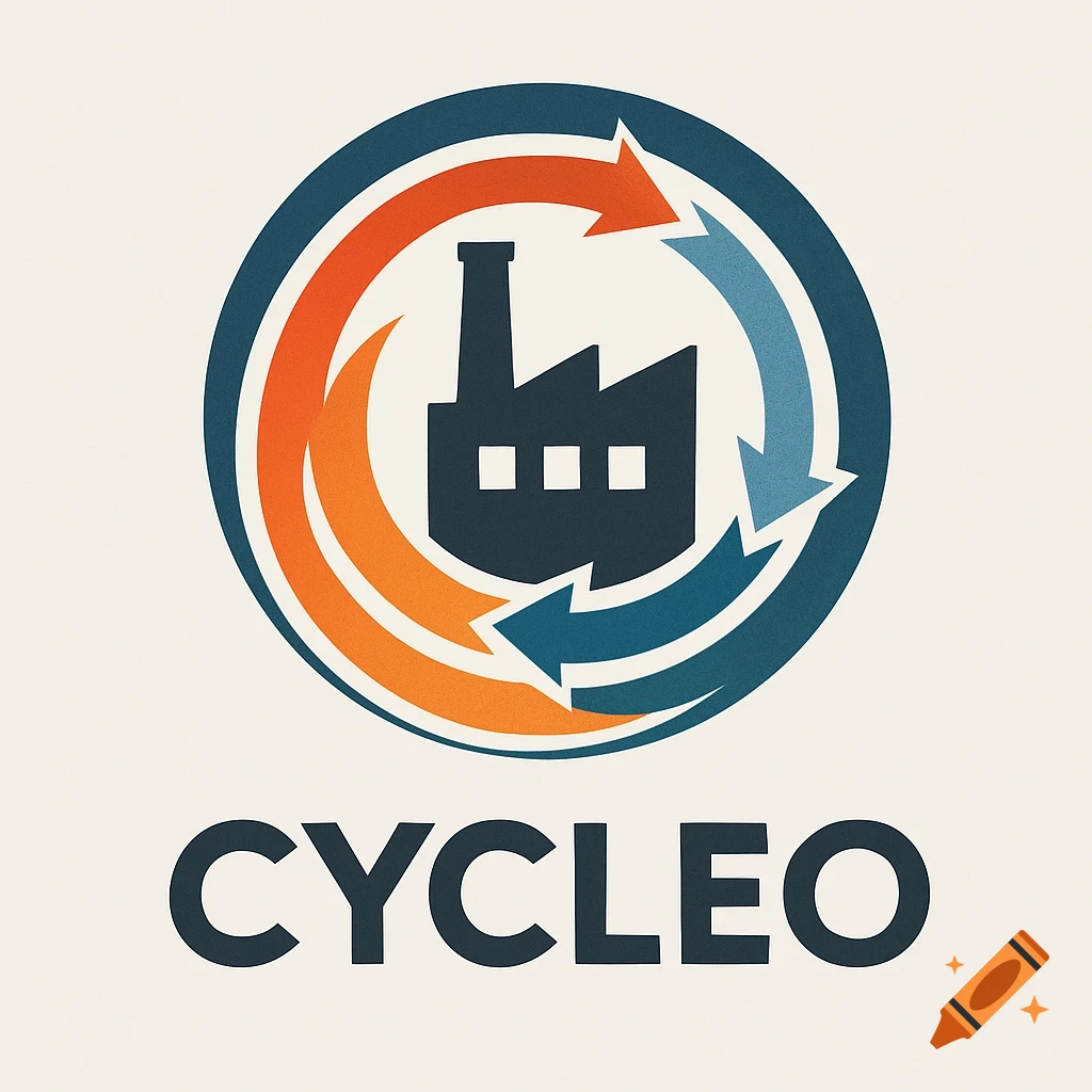 Company logo for Cycleo featuring a dark factory silhouette within circular orange and blue arrows on a light background, with the text 'CYCLEO' below.