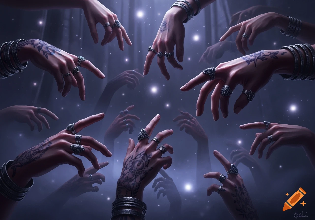 Fantasy art of numerous disembodied hands with intricate tattoos and rings, reaching out from a dark, mystical background with glowing lights.