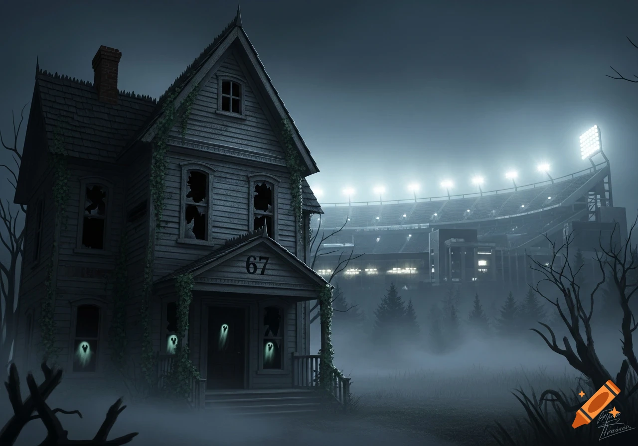 An illustrated, decrepit haunted house with '67' on its porch and glowing ghosts, set in a misty night with a brightly lit football stadium in the background.