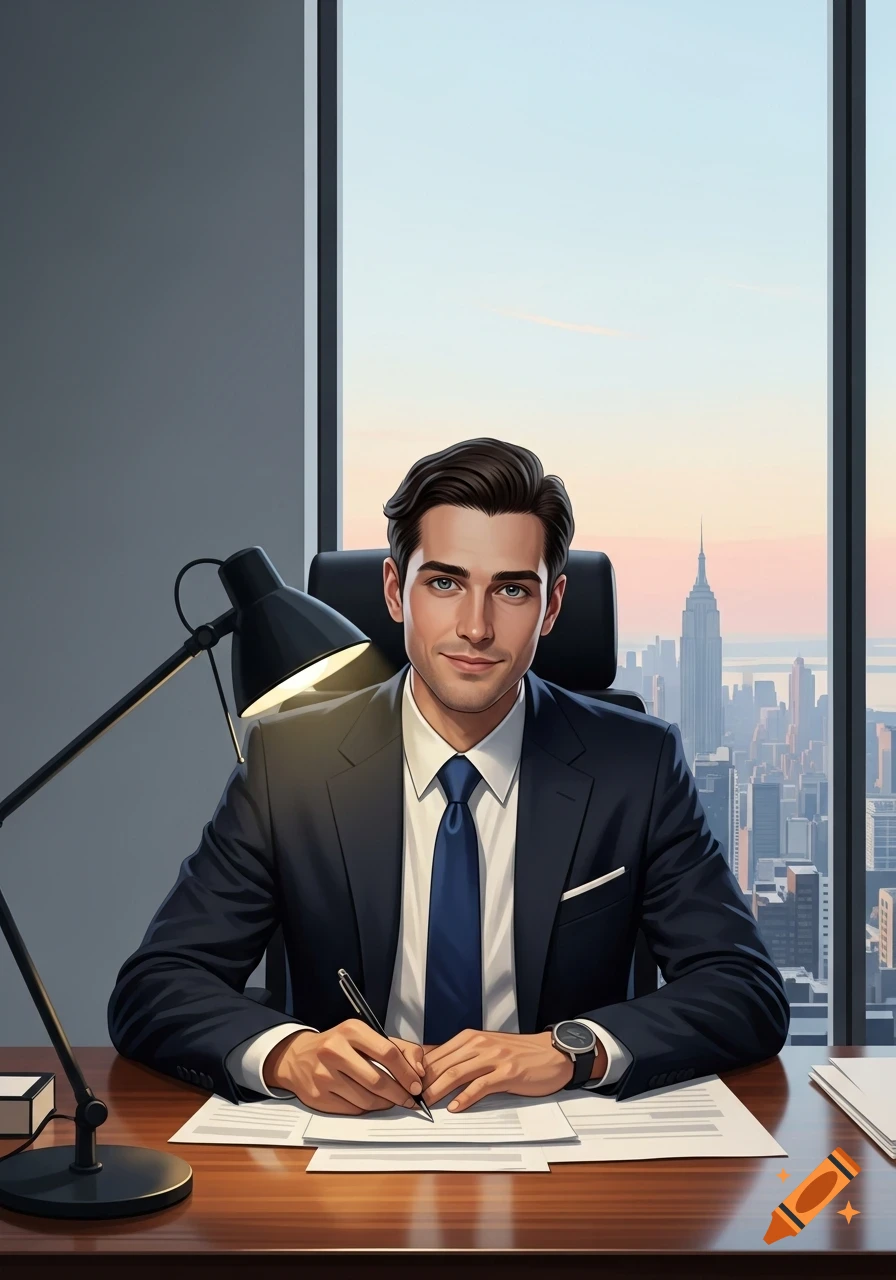 A well-groomed businessman in a suit and tie sits at a desk, signing documents with a pen, in an office overlooking a cityscape at sunset.