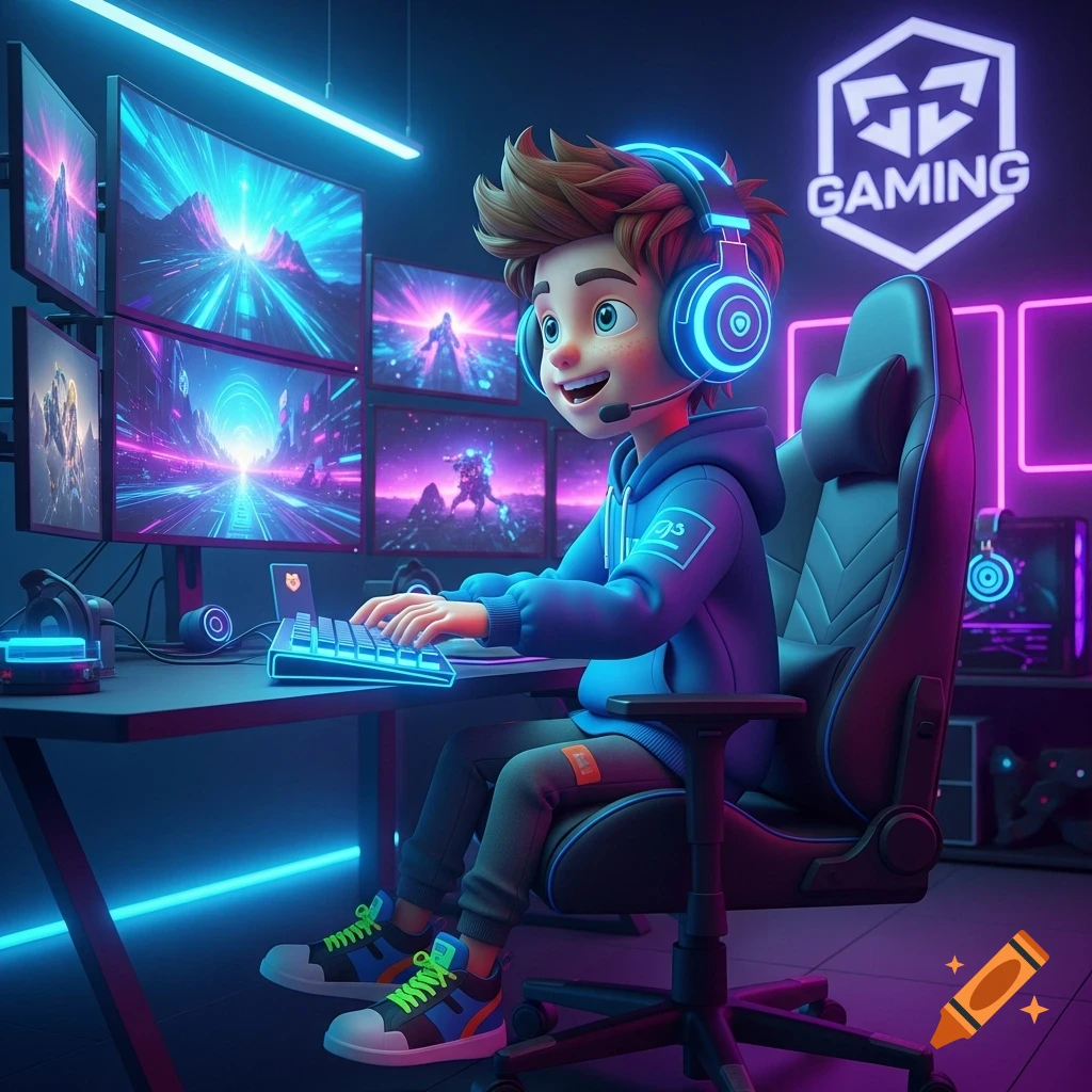 A happy 3D cartoon boy with headphones plays video games at a multi-monitor neon-lit gaming setup.