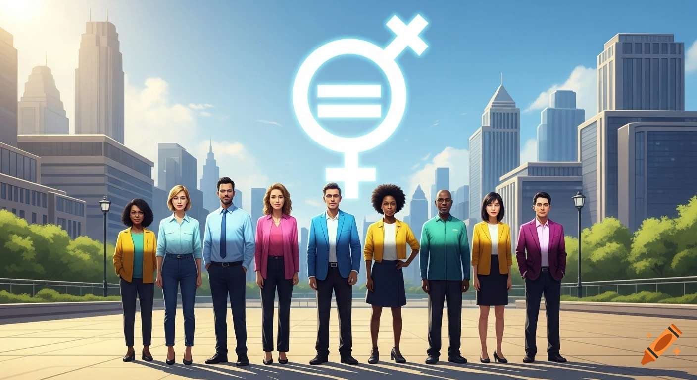 A diverse group of men and women in business attire stand in a city square beneath a large, glowing gender equality symbol in the sky, depicted in a bright, stylized illustration.