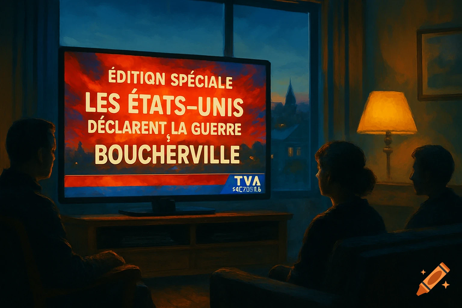 Two people watch a TV news report in French titled "ÉTATS-UNIS DÉCLARENT LA GUERRE BOUCHERVILLE" in a dimly lit room, with a window showing a cityscape at dusk and a lamp illuminating the right side.