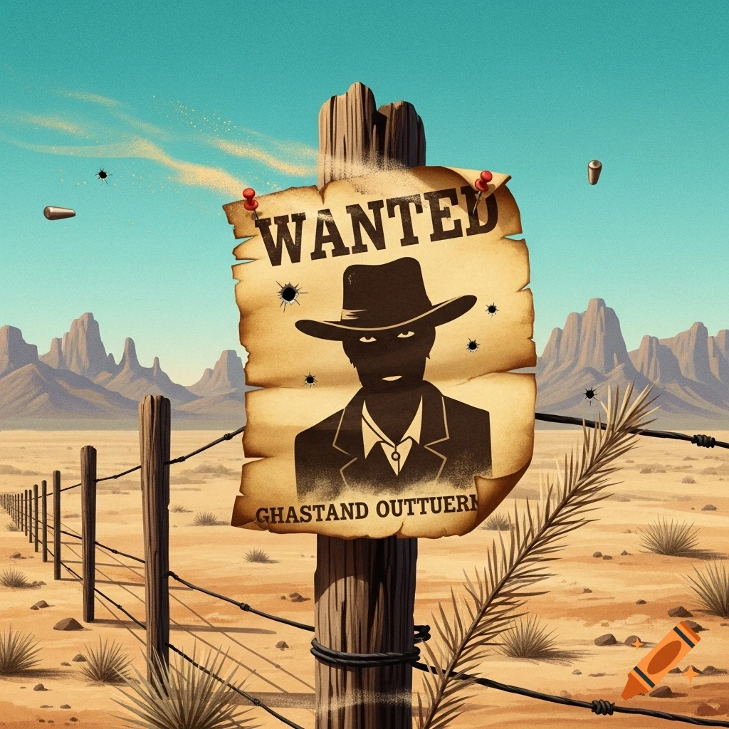A vintage 'WANTED' poster featuring a silhouetted cowboy in a hat, riddled with bullet holes, tacked to a wooden post in a vast desert landscape with mountains under a clear sky.