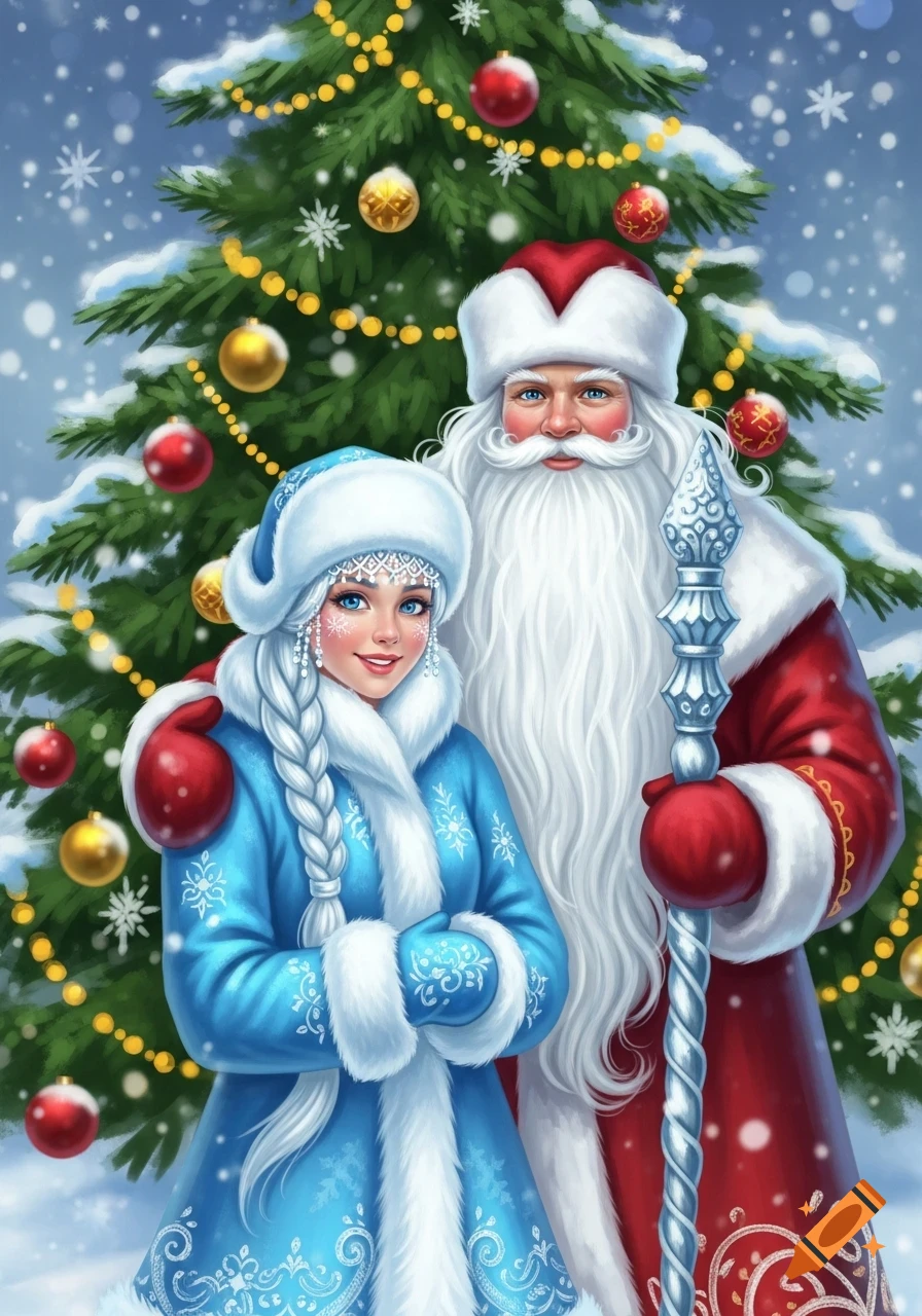 Ded Moroz and Snegurochka stand in the snow by a decorated Christmas tree with red and yellow ornaments, snowflakes falling.