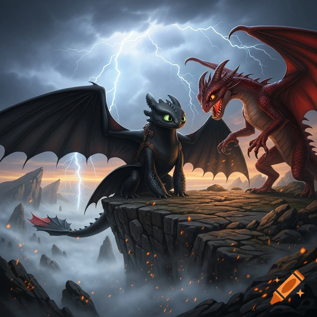 Toothless from How to Train Your Dragon faces a red demon dragon on a stormy cliff with lightning.