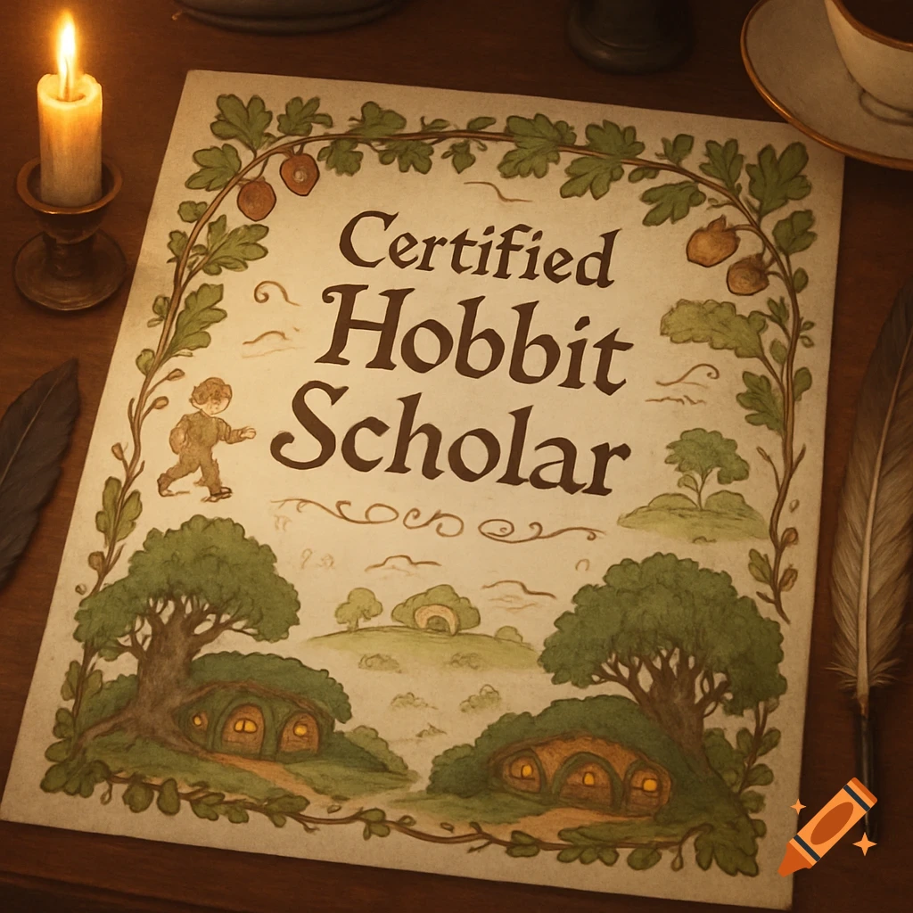 An illustrated 'Certified Hobbit Scholar' certificate with a hobbit, hobbit holes, a leafy border, a lit candle, and a quill.