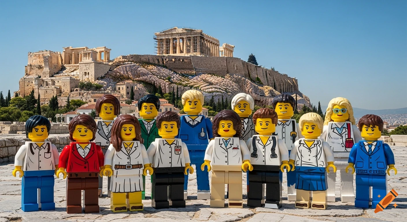 A group of diverse Lego minifigures, including students and teachers, pose photorealistically in front of the ancient Acropolis in Athens.