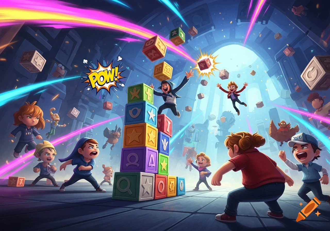 Excited cartoon children play with colorful building blocks in a large hall, surrounded by glowing light trails and a 'POW!' comic effect.