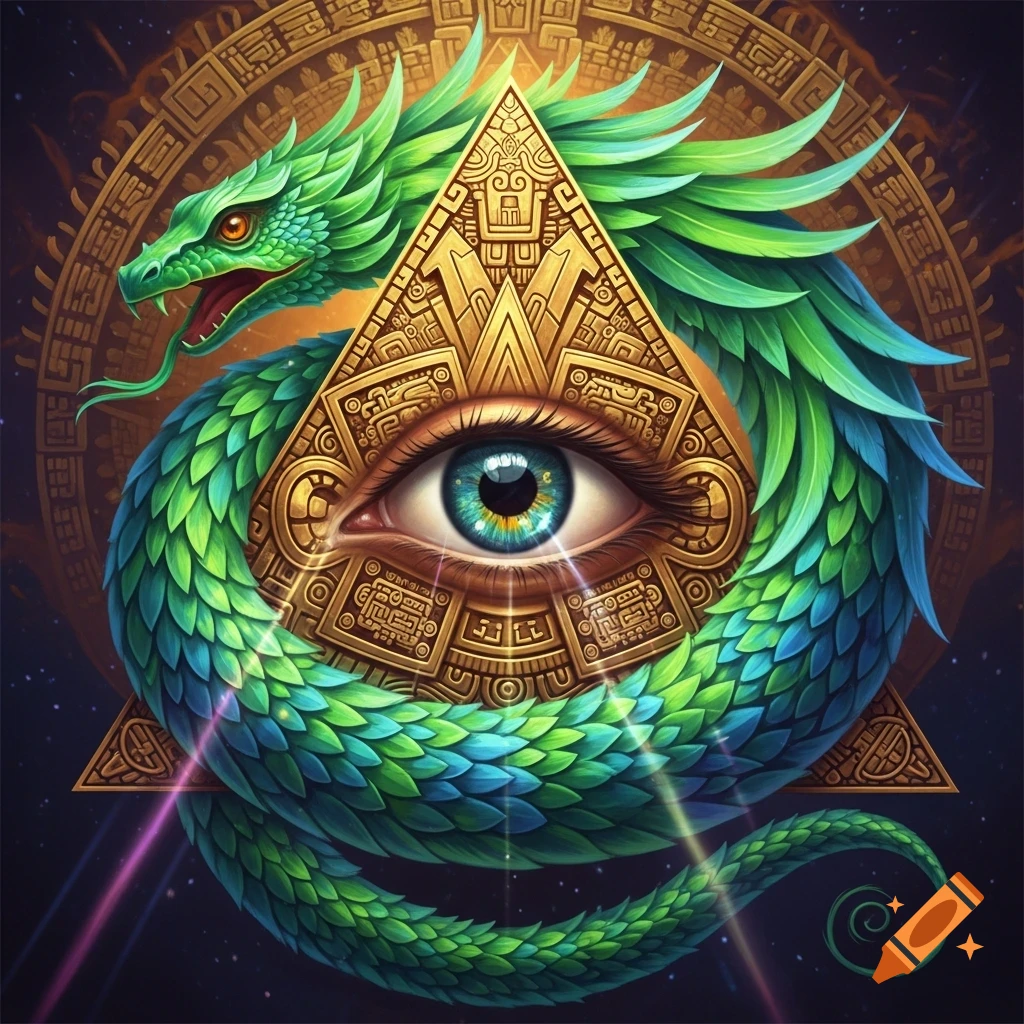 Vibrant green feathered serpent Quetzalcoatl coiled around a golden pyramid featuring a glowing blue eye, on a cosmic background.