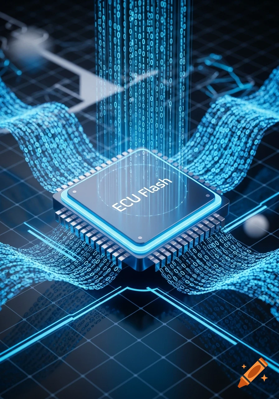 A futuristic computer chip labeled 'ECU Flash' with blue binary code flowing into it, set against a dark, glowing grid.