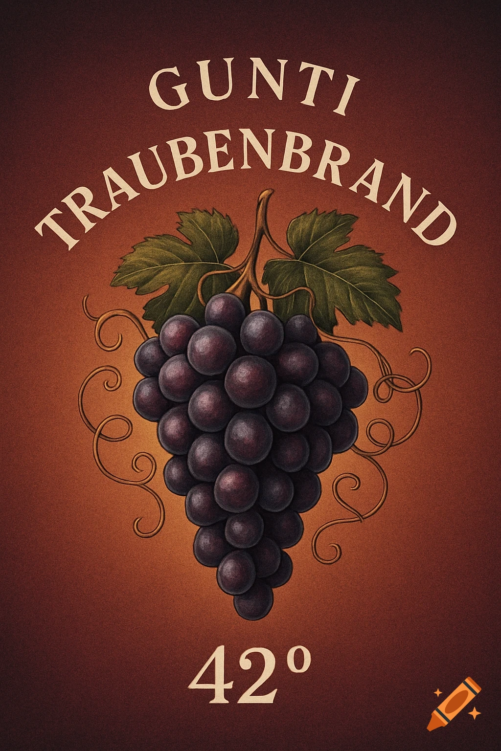 Vintage-style label with dark purple grapes and leaves for 'Gunti Traubenbrand 420' on a warm brown background.