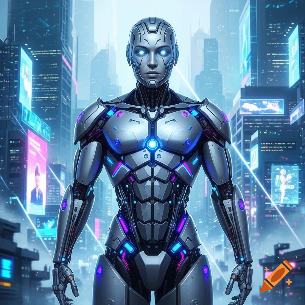 A metallic cyborg with glowing blue eyes and neon accents stands in a futuristic city with tall buildings and holographic screens.