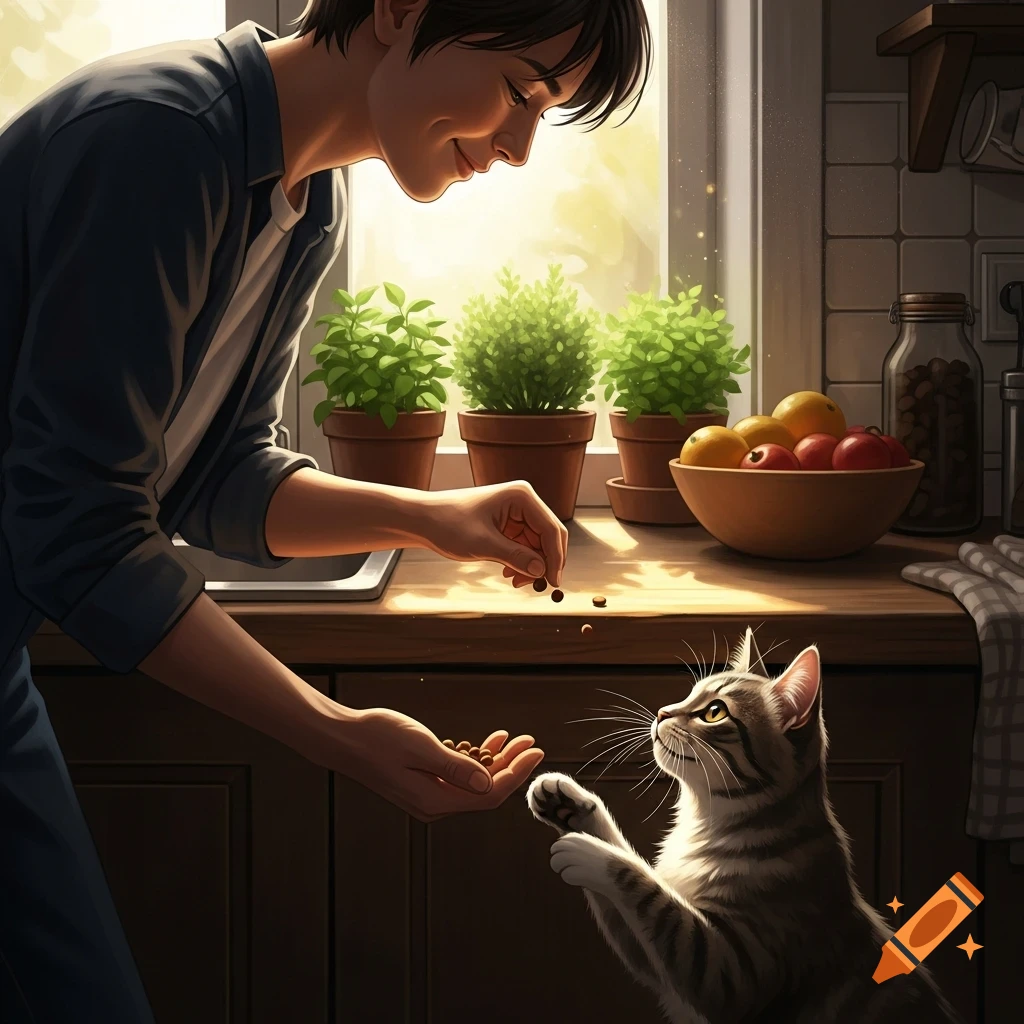 A smiling person feeds treats to a standing tabby cat in a bright, sunlit kitchen with potted plants and fruit.