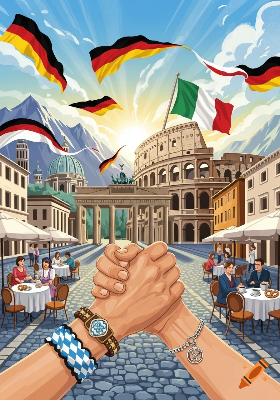 Stylized illustration of two hands clasped in friendship against a backdrop of German and Italian landmarks with flags and cafes.