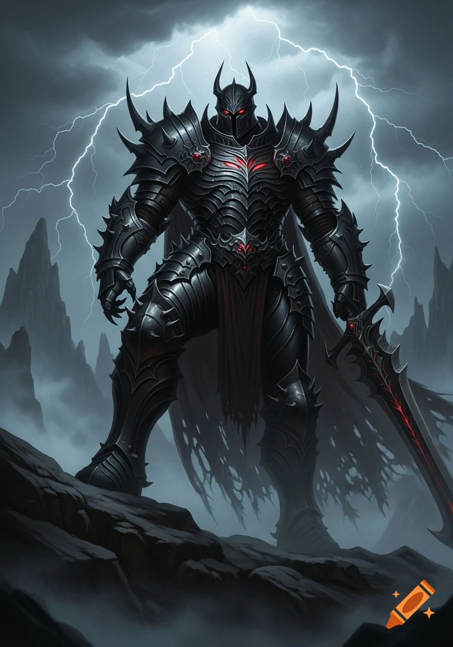 A dark knight in black spiky armor with glowing red eyes stands on a rocky peak under a stormy sky with lightning, holding a sword.