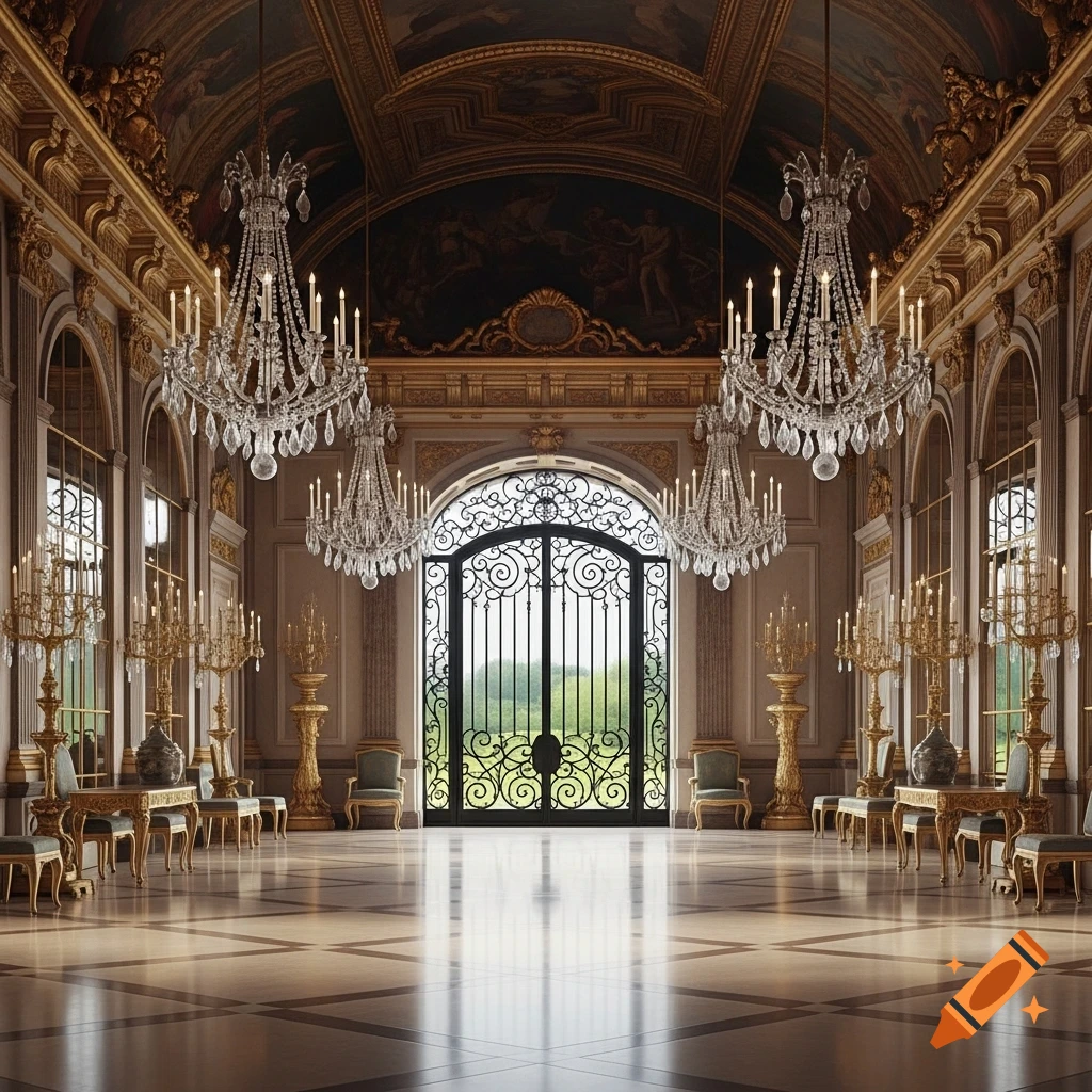 A grand, ornate castle hall with large crystal chandeliers, gilded decorations, and a large arched double door leading to a green exterior.