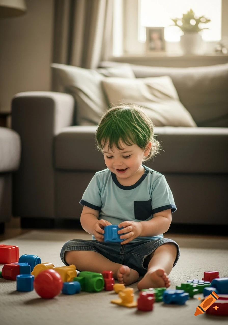 A smiling toddler with green hair sits on a rug in a living room, playing with colorful plastic toys. Photorealistic.