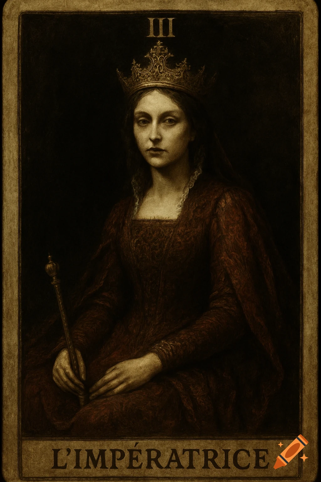 A gothic tarot card featuring a melancholic empress in a dark red gown and golden crown, holding a scepter.