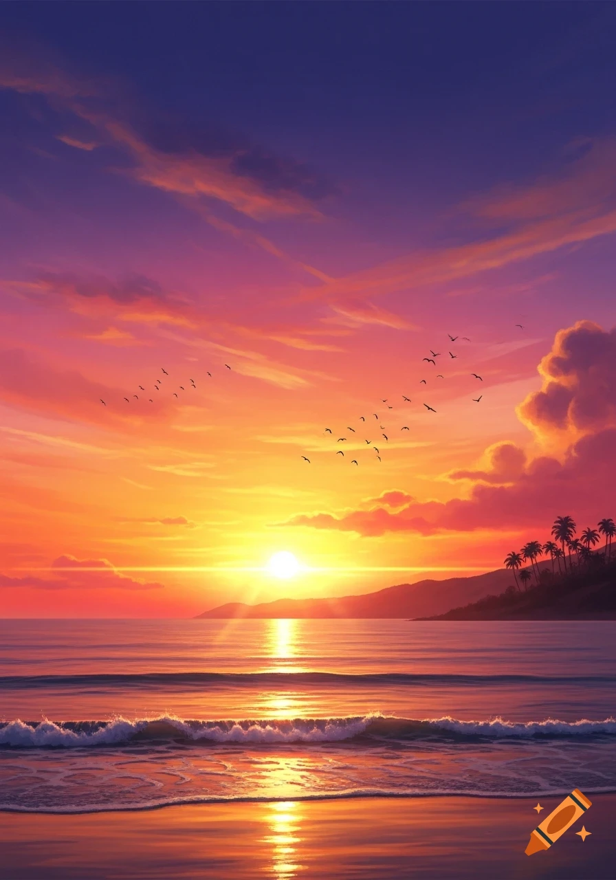 Vibrant sunset over a tropical ocean with waves, a sandy beach, and ...