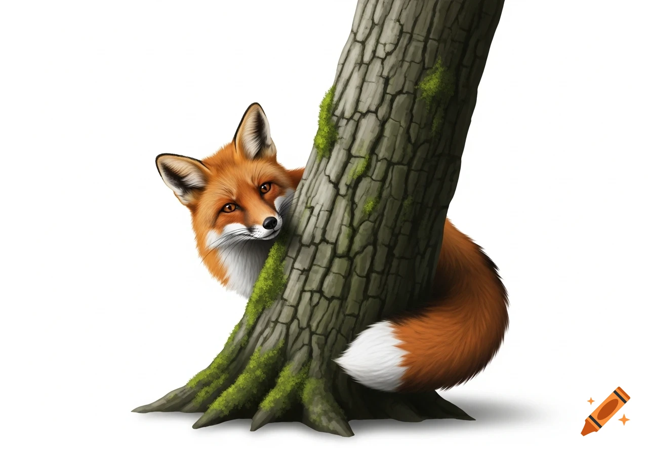 A red fox peeks from behind a mossy tree trunk on a white background, its head on one side and its bushy tail on the other.