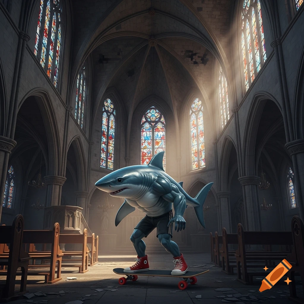 A humanoid shark with a muscled body and red canvas shoes skateboards in a dilapidated gothic church with light streaming through stained glass windows.