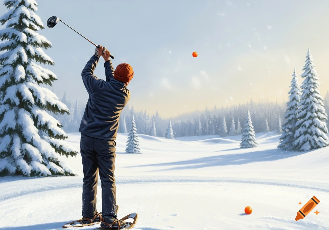 A person in an orange beanie and snowshoes swings a golf club, hitting an orange ball across a snow-covered course with pine trees.