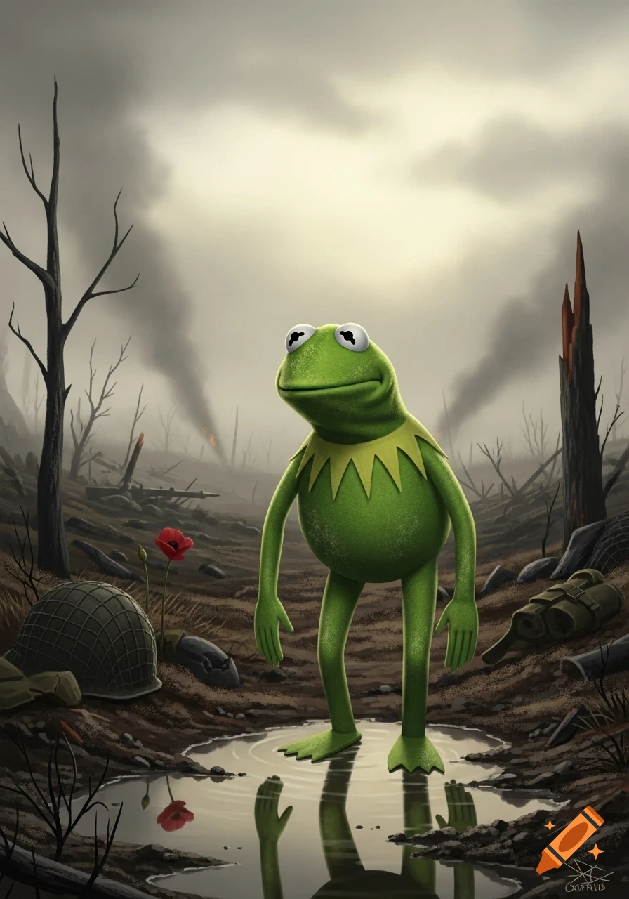Sad Kermit the Frog stands in a desolate, war-torn landscape with bare trees, debris, and a red poppy, reflected in a puddle.