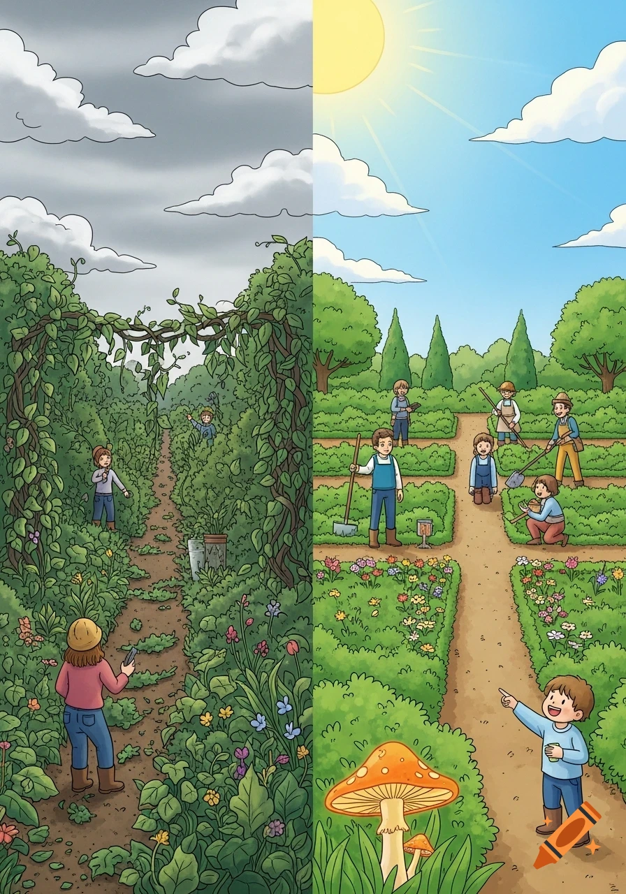 Cartoon split illustration of a wild garden with individuals on the left, and a structured garden with people cooperating on the right.